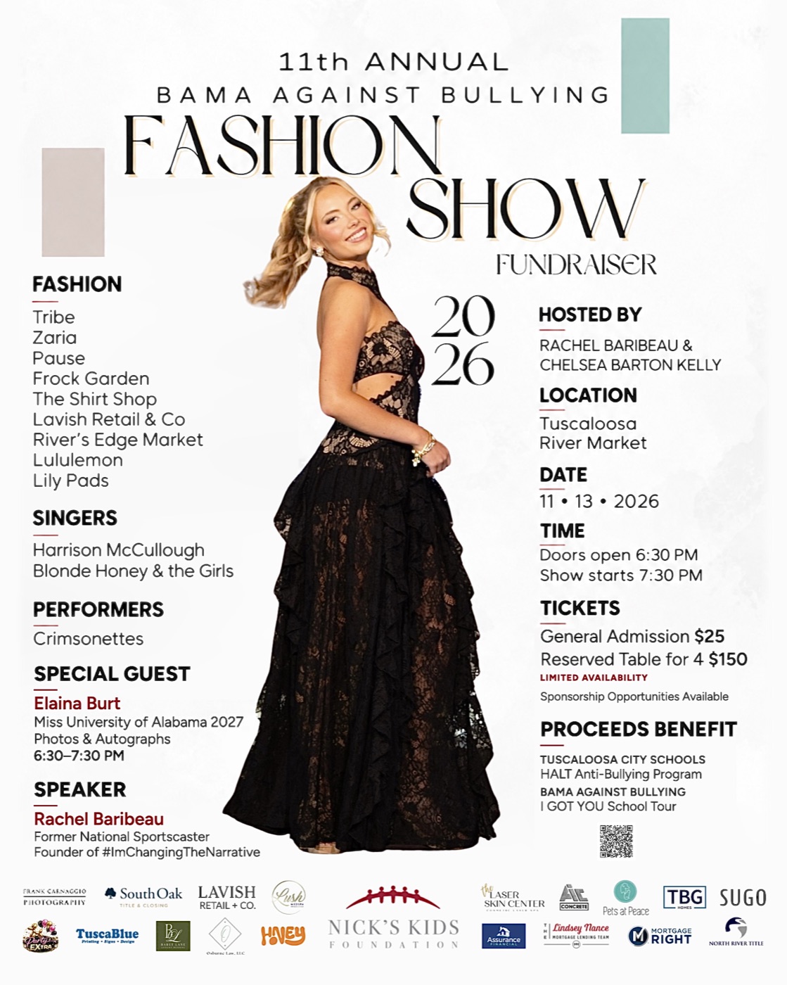 11th Annual Bama Against Bullying Fashion Show Fundraiser, Friday, November 13, 2026 at the Tuscaloosa River Market. Doors open 6:30 PM, show starts 7:30 PM. General admission $25, reserved table for 4 $150.
